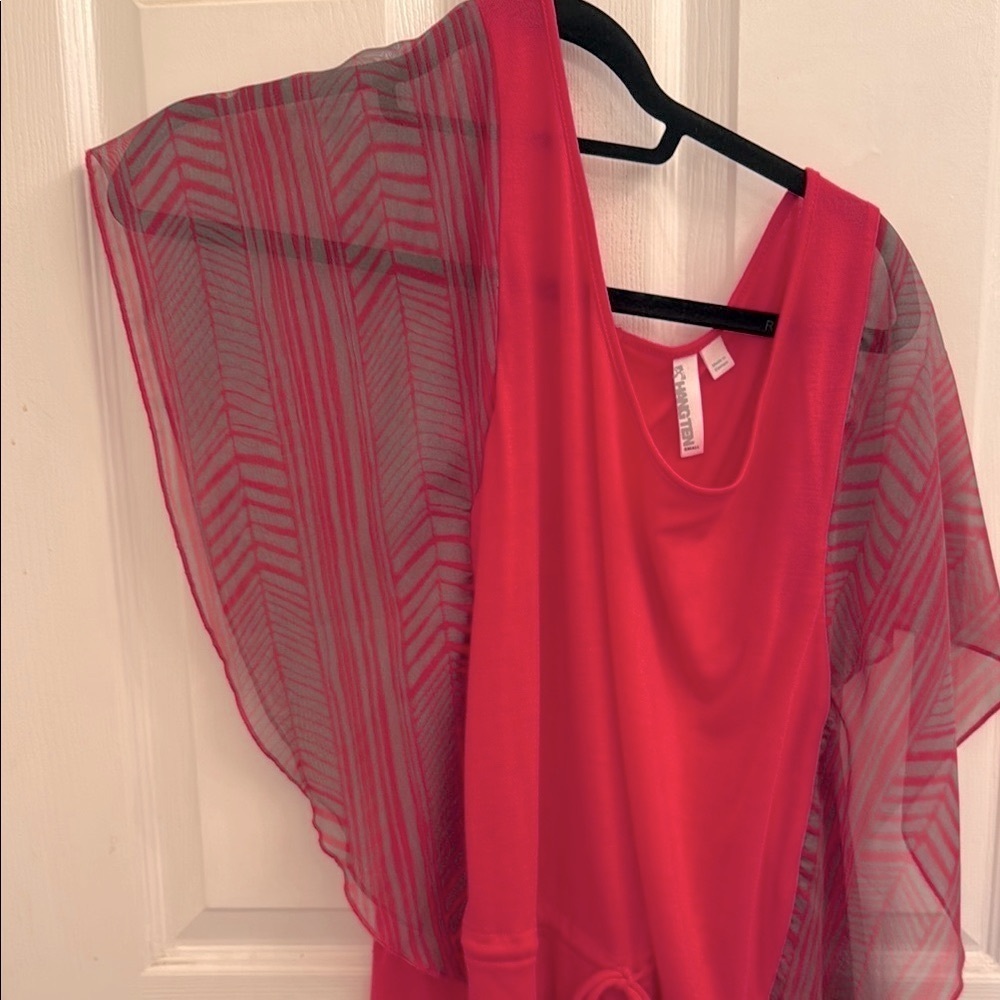 Pink Gray Sheer Flutter Sleeve Blouse by Hang Ten - Picture 3 of 8